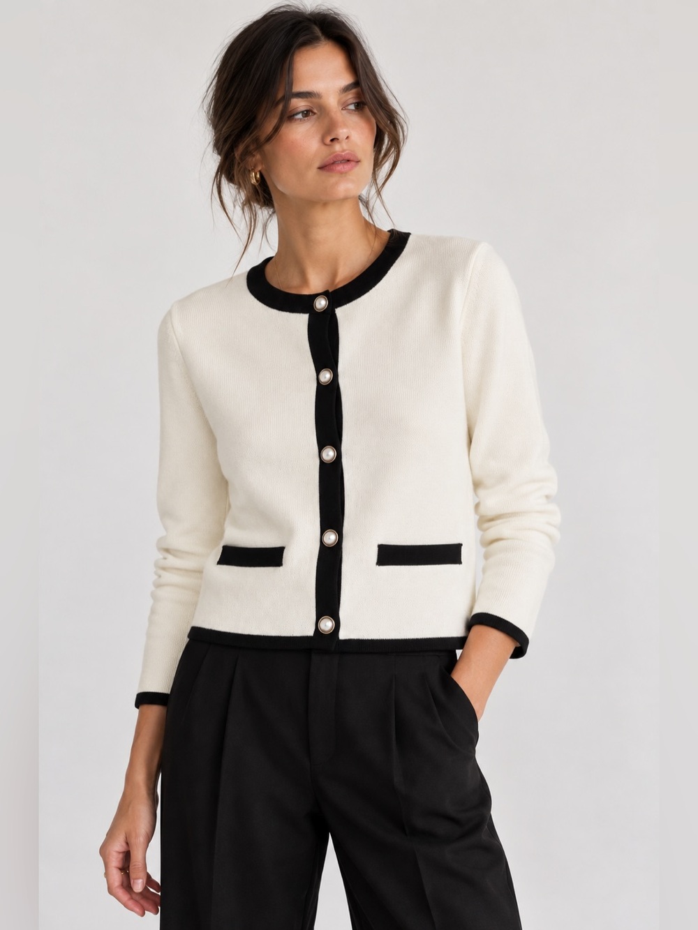 Zara Ivory Cardigan with Black Trim and Pearl Buttons Size Small Like New
